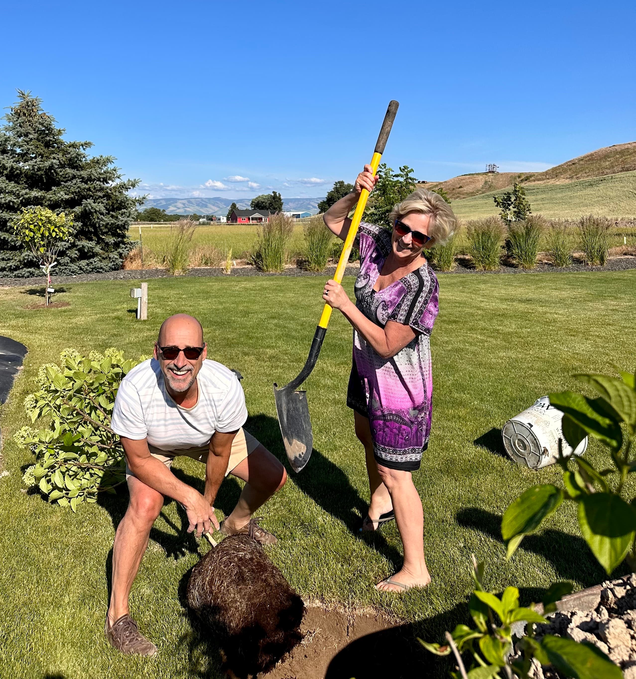 A man and woman planting a tree with a row of dune grass and other trees behind